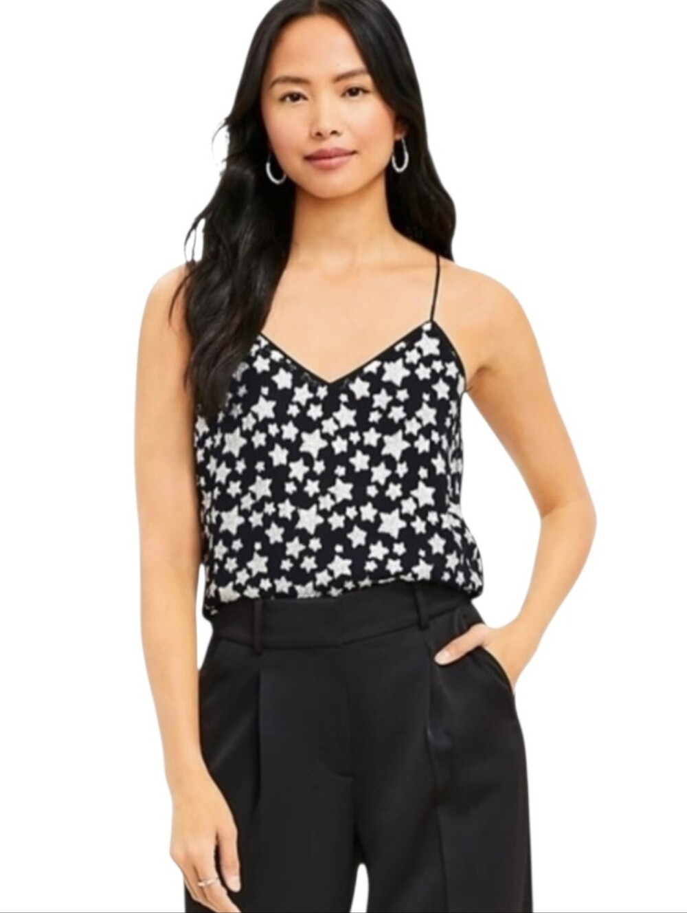 NWT. Loft Black & Metallic Silver Star Spaghetti Strap Cami Top. Size Large